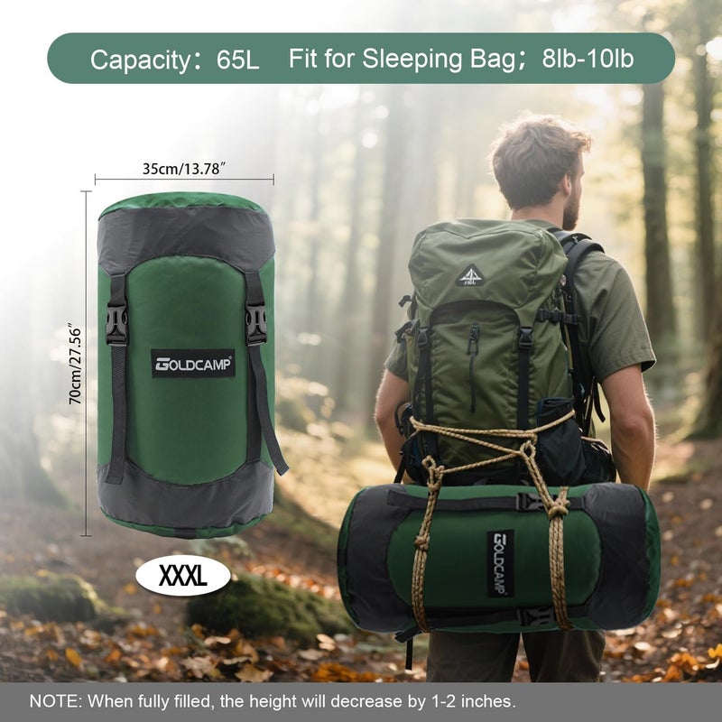 GoldCamp Compression Stuff Storage Sack for Sleeping Bag, Space Saving Gear with dust Flap, 600D Oxford Waterproof Camping, Hiking, Outdoor with Drawstring dust, Backpacking (Dark Green, XXXL,65L) - Image 5